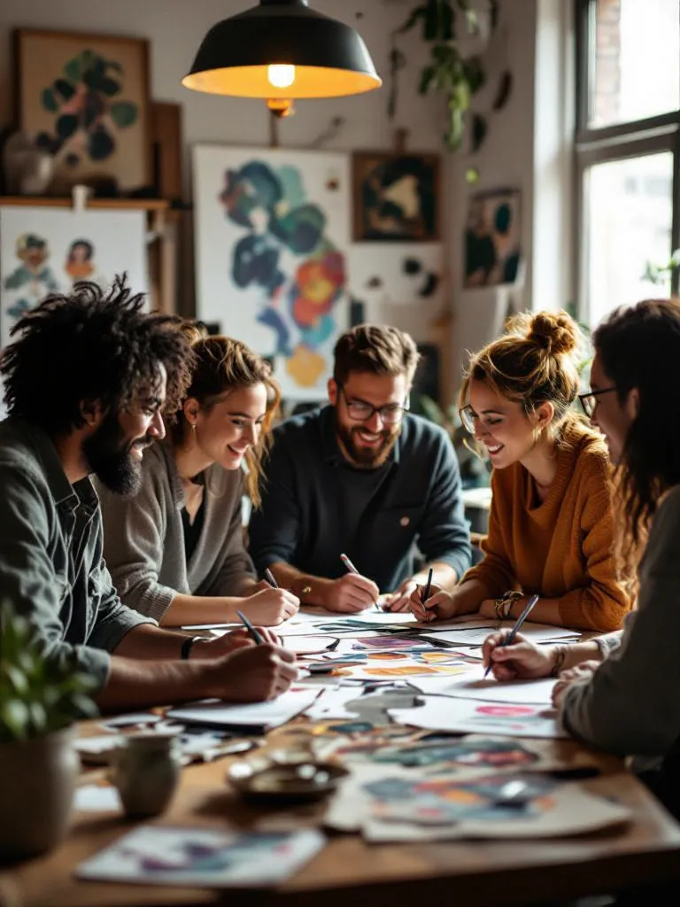 group of diverse artists in a communal studio, sharing ideas, sketching together, creative collaboration, authentic candid moment, natural warm lighting