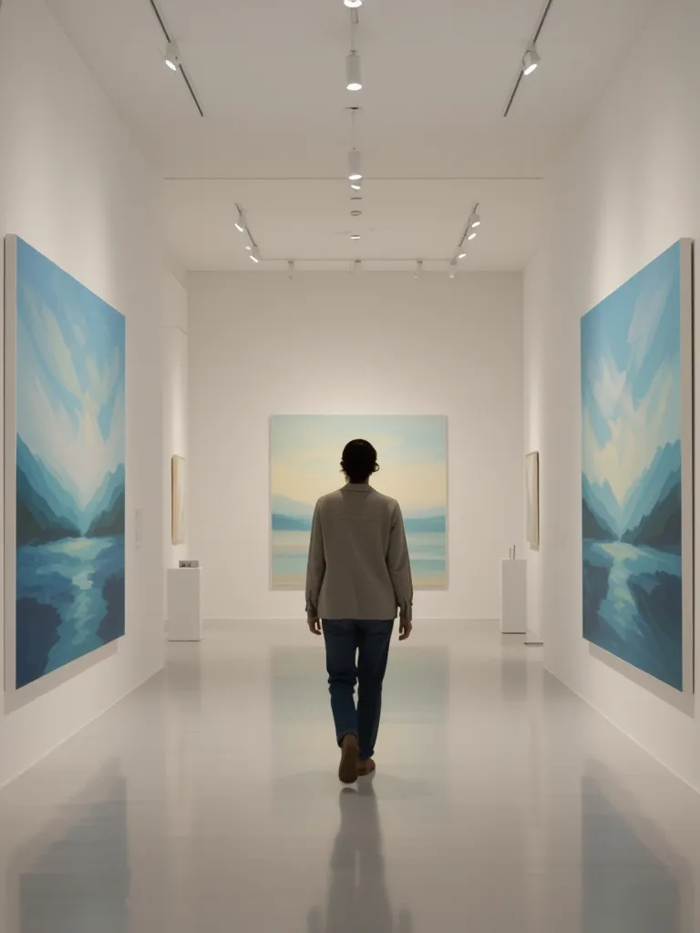 a person walking into a serene art gallery, slow quiet atmosphere, large canvases glowing in soft light, sense of peace and introspection, minimalist design, emotional storytelling image
