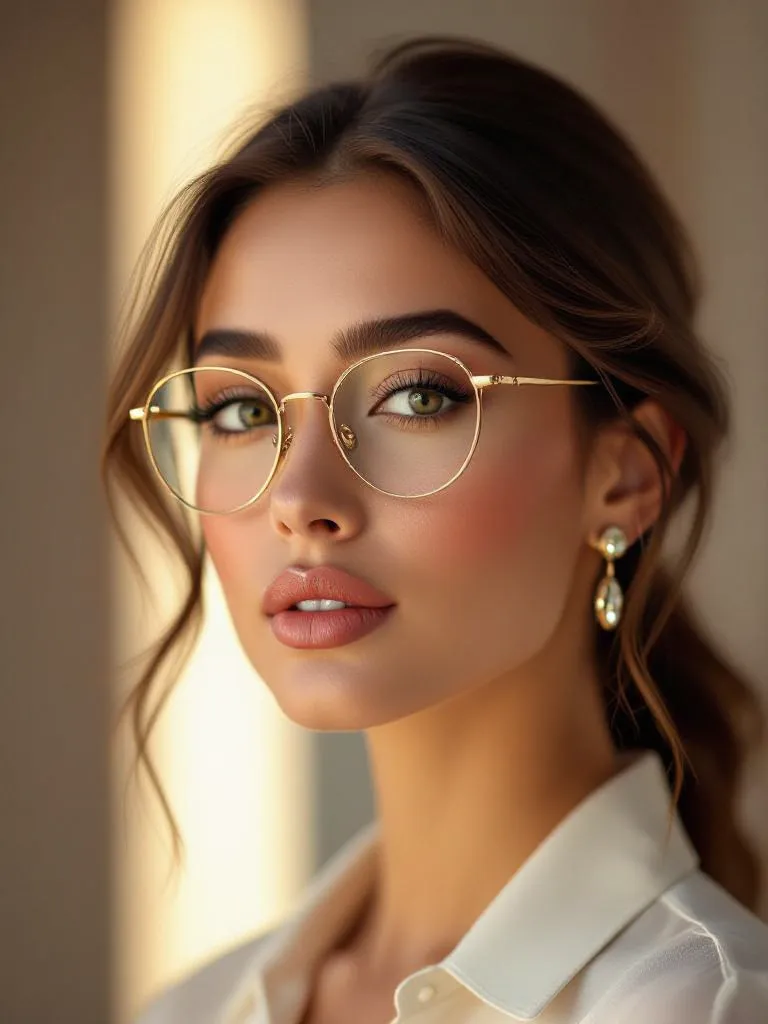 Person wearing earrings and glasses, detailed portrait, elegant lighting, photorealistic