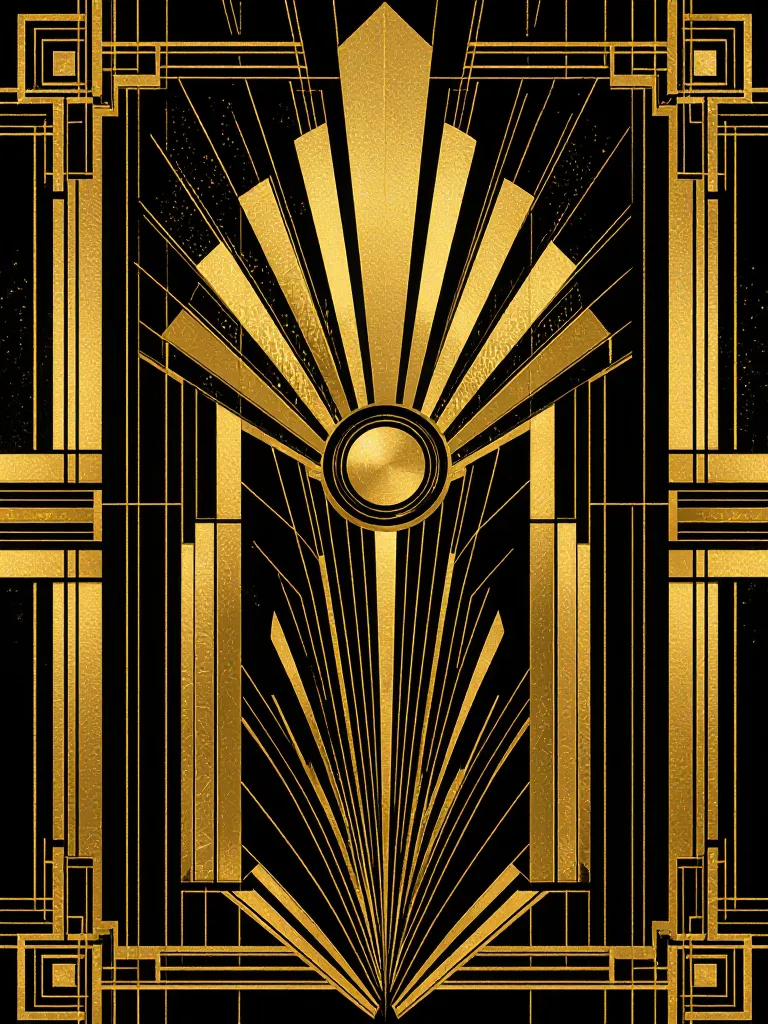 art deco style illustration with bold geometric shapes, gold and black color palette, chrome accents, sunburst patterns, luxury 1920s design aesthetic, high detail, elegant symmetrical composition, poster style artwork, cinematic lighting