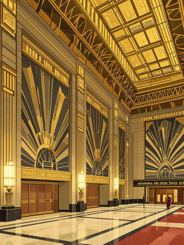 radio city music hall art deco lobby interior, bold geometric murals, gold accents, sweeping lines, glamorous lighting, refined 1930s style