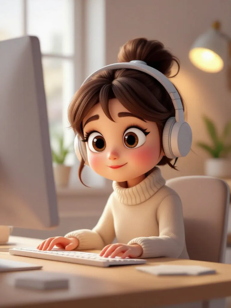 Cute 3D character sitting at a computer, soft lighting, Pixar style
