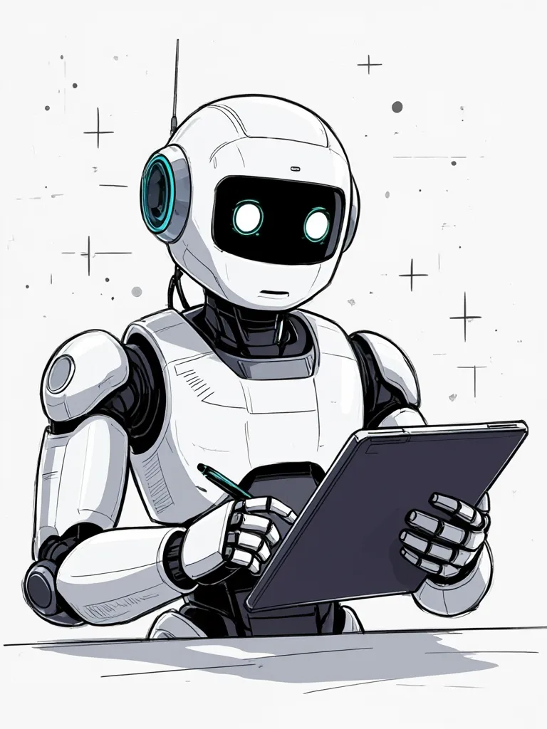 A futuristic robot sketching on a tablet, friendly and minimal design