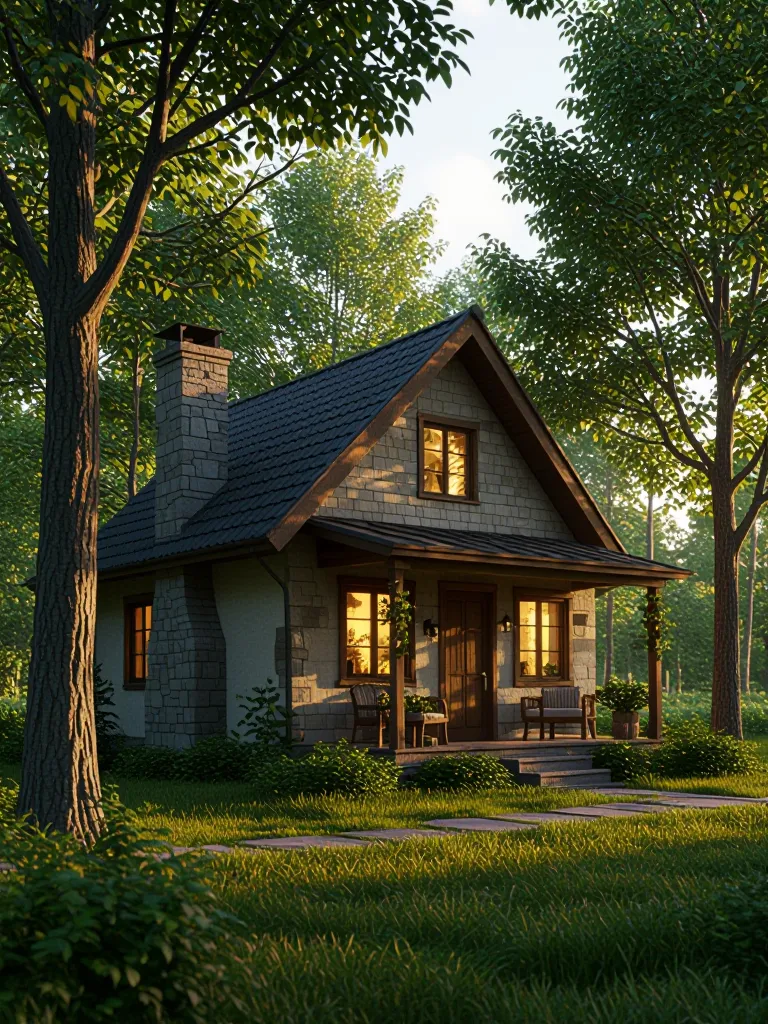 small cozy house with trees, high resolution 3D render, realistic lighting, PBR materials, cinematic look