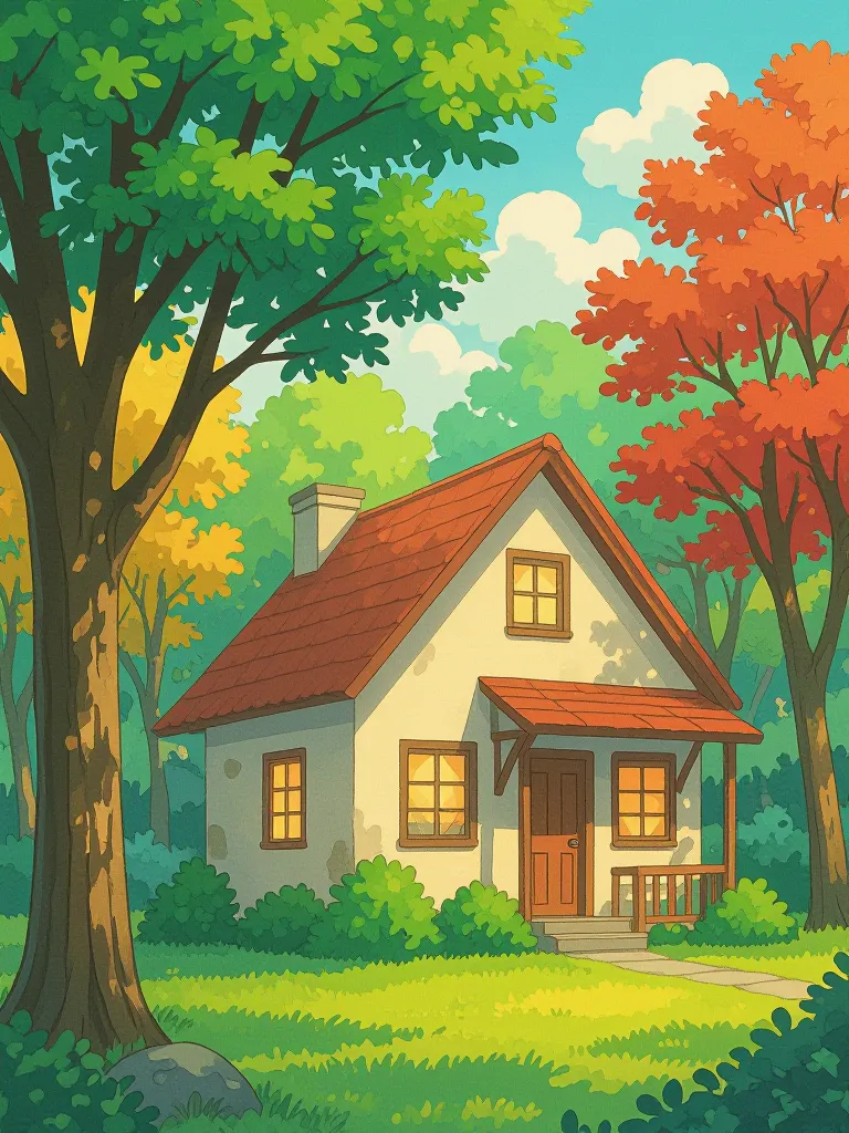 small cozy house with trees, anime background style, vibrant colors, soft lighting, Ghibli inspired composition