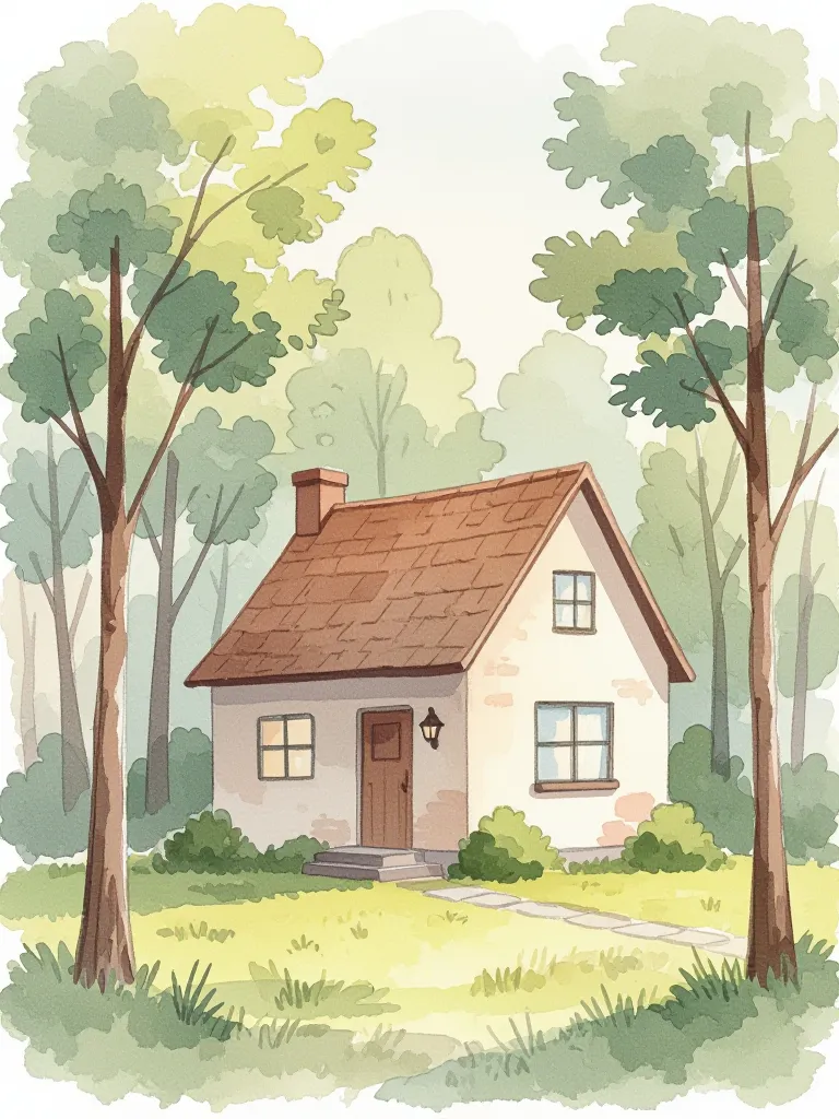 small cozy house surrounded by trees, soft watercolor wash, loose brush strokes, gentle gradients, dreamy aesthetic