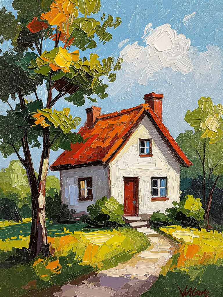 small cozy house with trees, thick oil brush strokes, impasto texture, rich colors, classical fine art style
