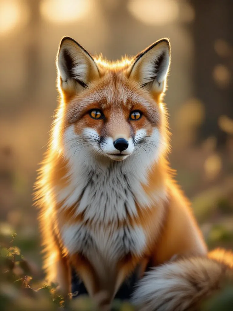 hyper realistic close up of a fox sitting in soft morning light, warm tones, detailed fur, shallow depth of field, peaceful forest background