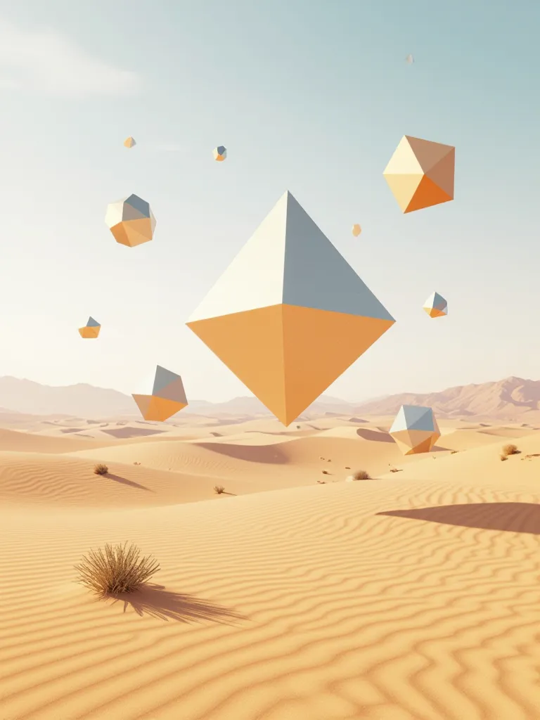 A surreal desert landscape with floating geometric shapes.