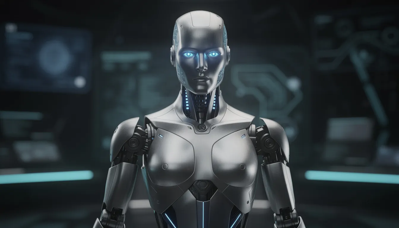 The image features a sleek humanoid robot with glowing blue LED eyes and a shiny metallic silver body, positioned against a dark, high-tech background that enhances its futuristic appearance. This depiction showcases the intersection of artificial intelligence and advanced robotics.