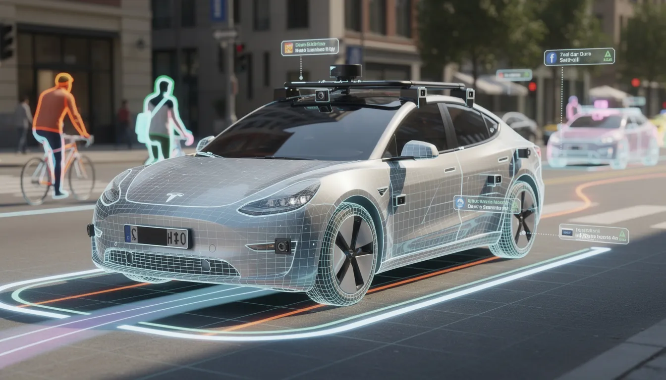 The image depicts an autonomous vehicle equipped with visible sensors, surrounded by AI visualization overlays that illustrate the car's perception of its environment. The overlays highlight various elements, showcasing how artificial intelligence processes and interprets the surroundings.