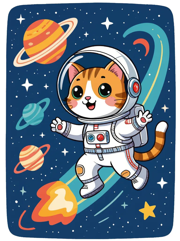 A cute cartoon illustration of a cat astronaut exploring space.