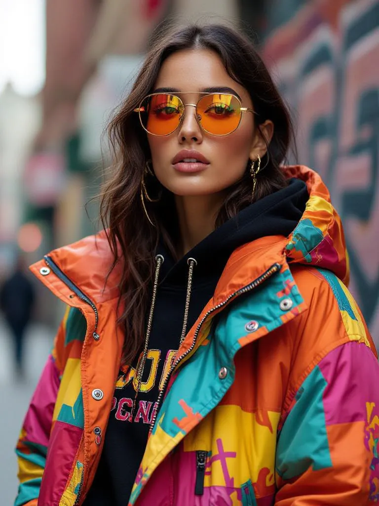 A fashion editorial shot of a model wearing vibrant streetwear.