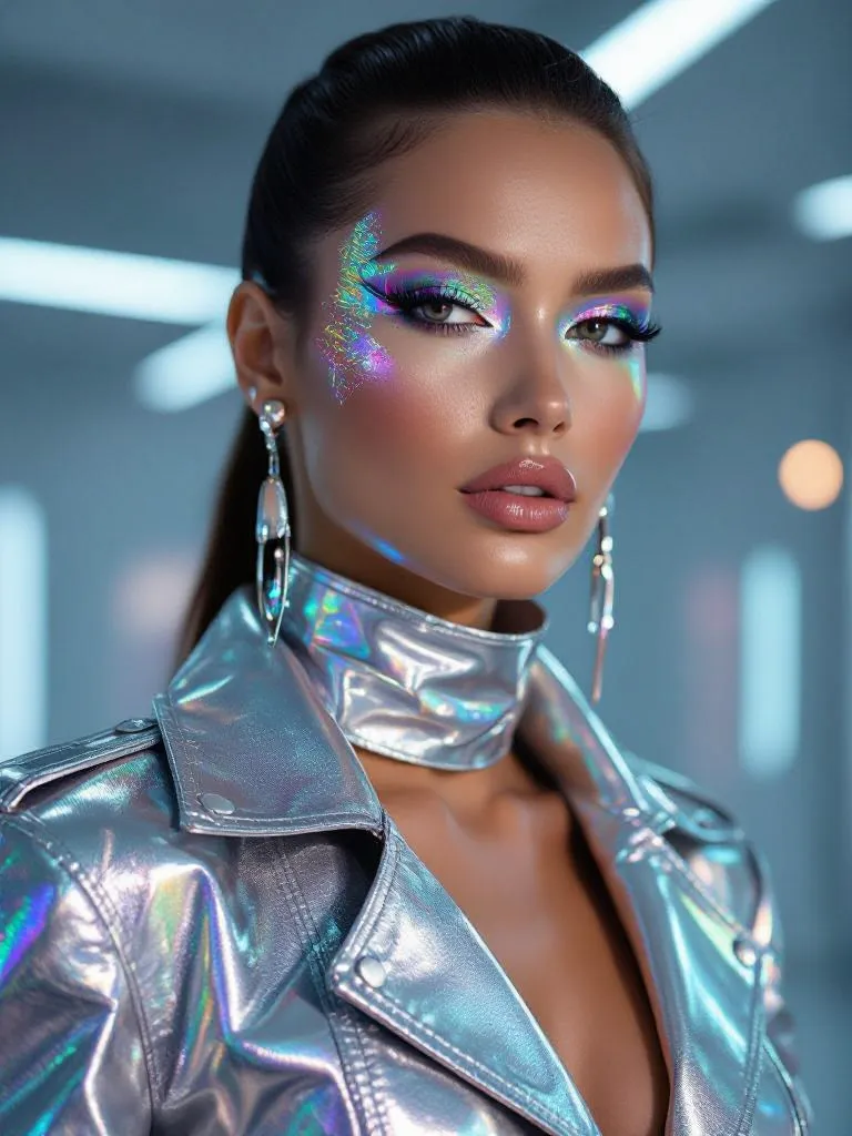 A futuristic fashion model wearing metallic clothing and holographic makeup.