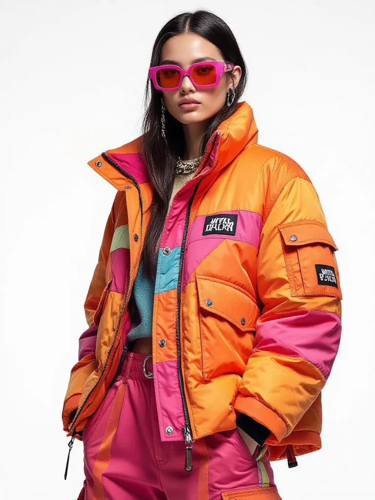 A fashion editorial shot of a model wearing vibrant streetwear.