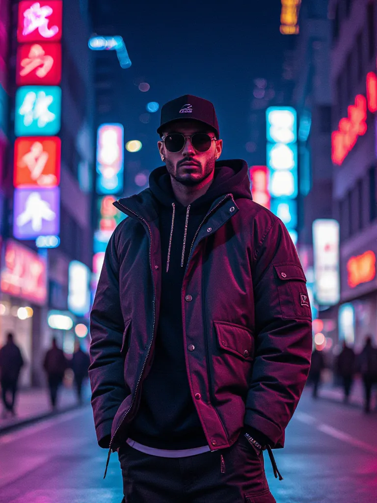 A fashionable man in streetwear standing against a neon city backdrop.