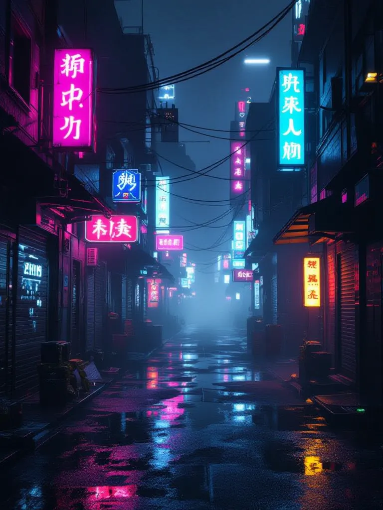 A 3D rendered cyberpunk alleyway with neon lights, fog, and wet reflective ground.