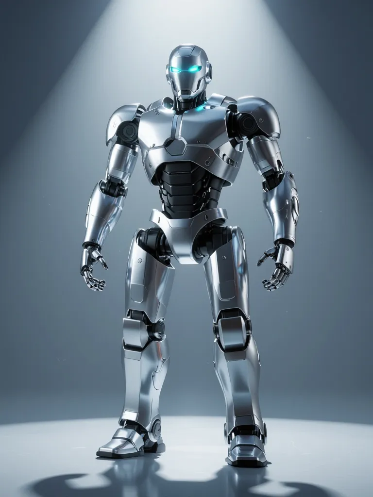 A detailed 3D robot with chrome plating standing in a dramatic spotlight.