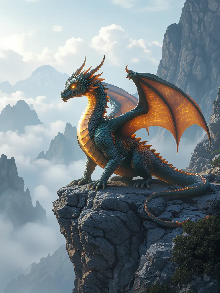 A 3D fantasy dragon perched on a rocky cliff with glowing scales and volumetric fog.