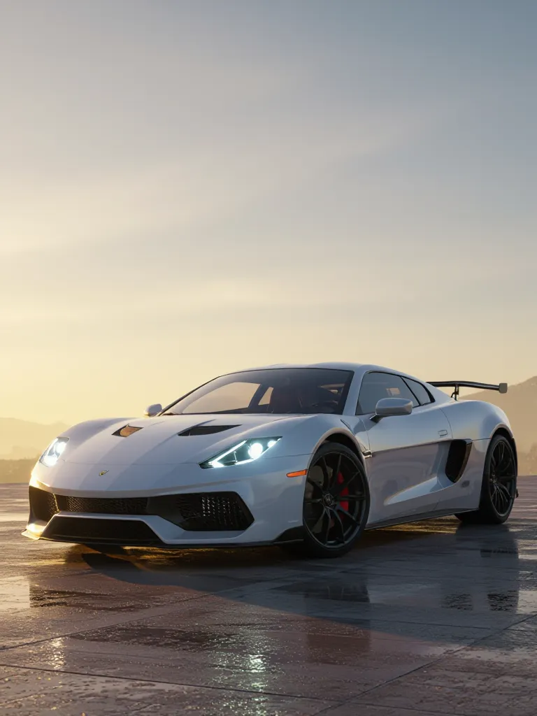 A photorealistic 3D model of a sports car under dramatic cinematic lighting.