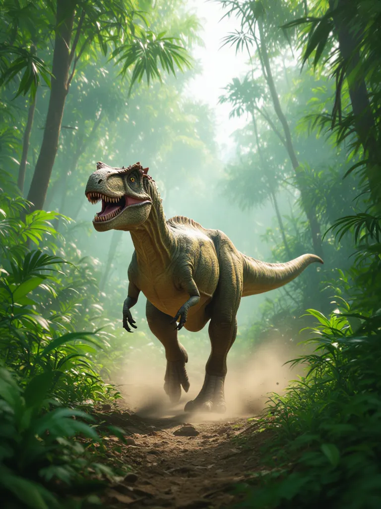 CGI photoreal dinosaur walking through a dense jungle with dust, motion blur, and soft shadows.