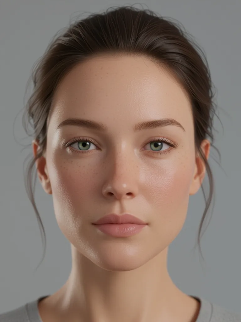 Hyperreal human face CGI render with subsurface scattering, detailed skin texture, and studio lighting.