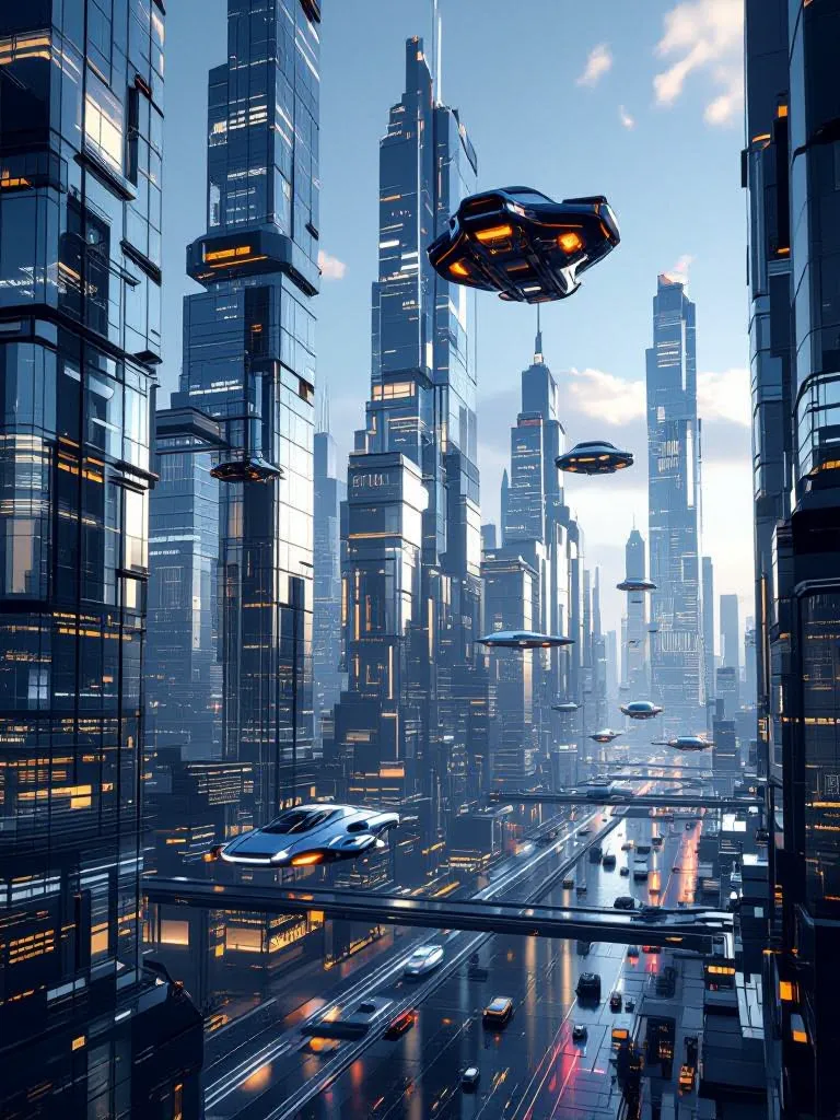 Hyperreal 3D render of a futuristic city with flying vehicles, volumetric lighting, and reflective glass skyscrapers.