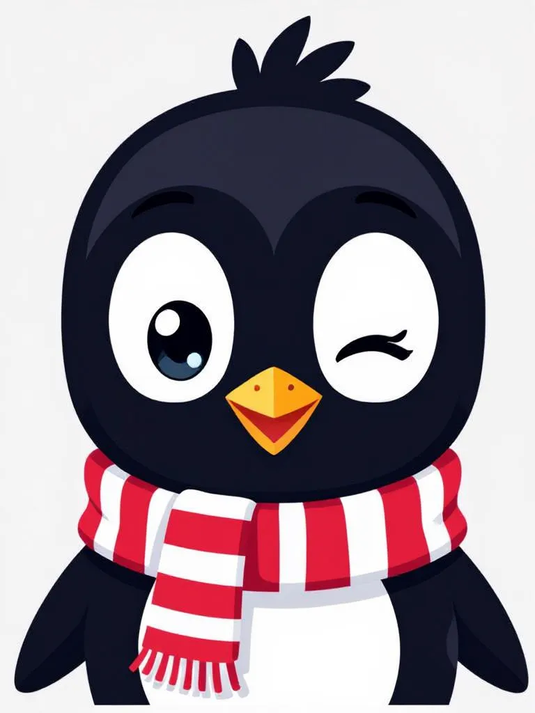 Penguin emoji wearing a winter scarf and winking.