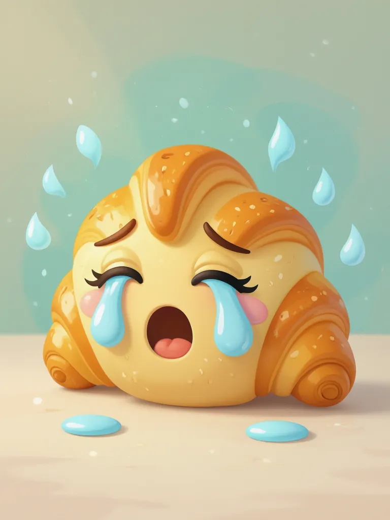 Crying croissant emoji with exaggerated teardrops and soft pastel colors.