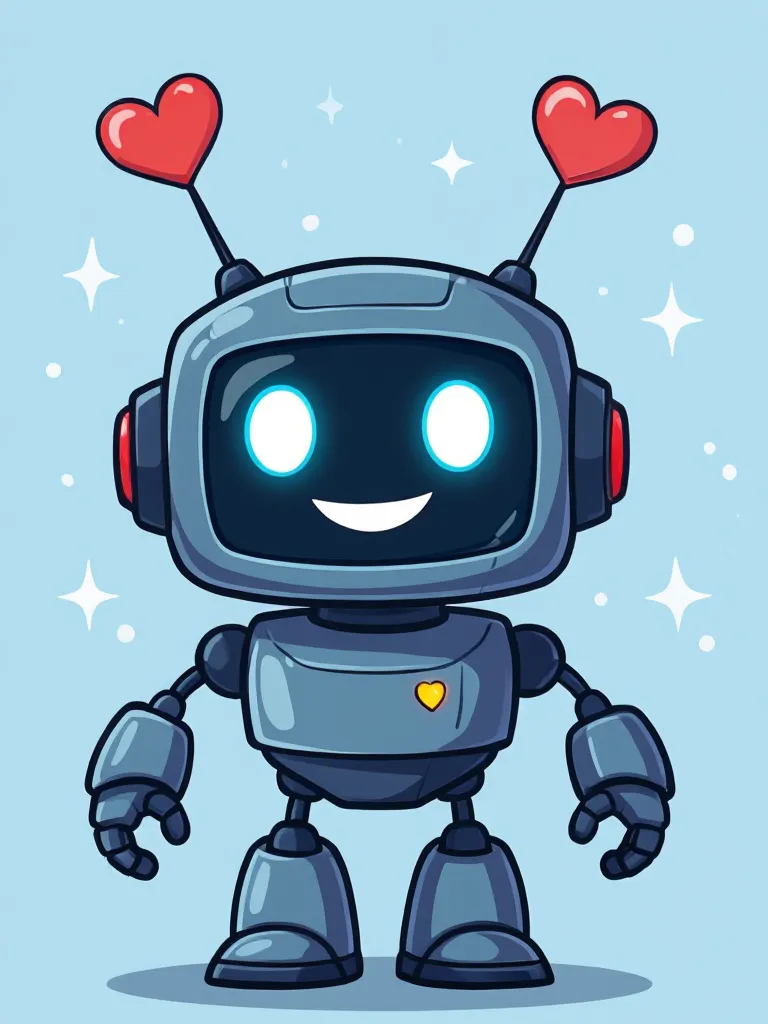 Robot emoji with a smiling LED face and antennas shaped like hearts.