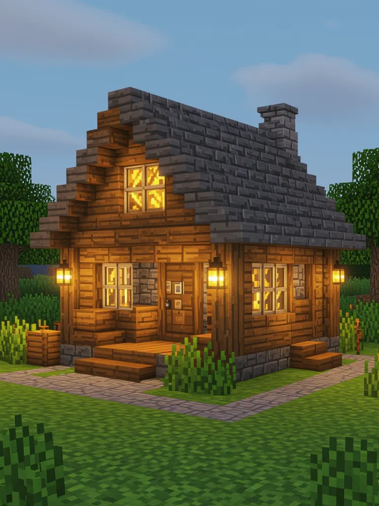 minecraft wooden starter house with oak planks, spruce log frame, stone brick roof, lantern lighting, cozy interior and small garden
