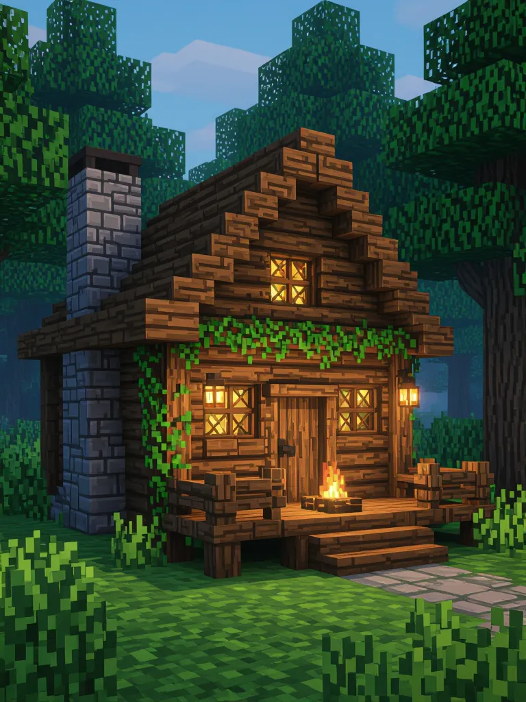 minecraft log cabin in the forest built with spruce logs and dark oak, campfire chimney, vines on walls, rustic porch