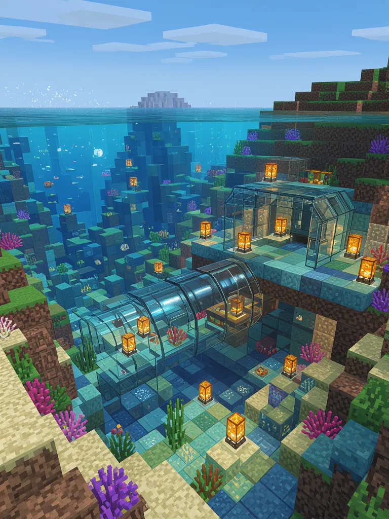 underwater minecraft prismarine base with glass tunnels, sea lantern lighting, panoramic ocean views and coral decorations