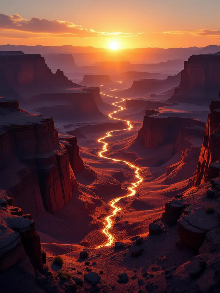 ultra detailed landscape of a glowing desert canyon at sunrise, warm lighting, dramatic shadows, high realism