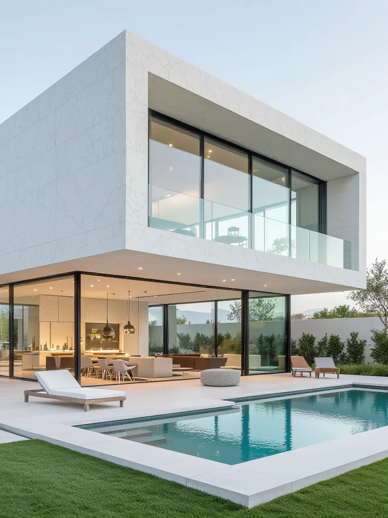 modern minecraft house made of quartz, white concrete, floor to ceiling glass windows, flat roof and pool in the backyard