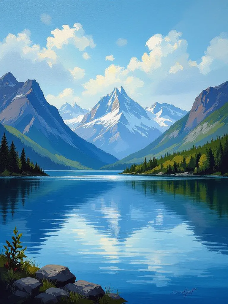 oil painting of a peaceful lake with mountains in the background, classic fine art style