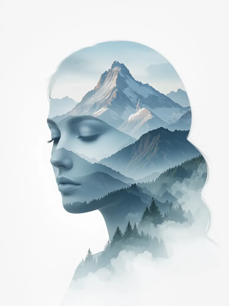 “A mountain landscape that subtly forms a woman’s face, hidden image illusion, soft blending, surreal composition”