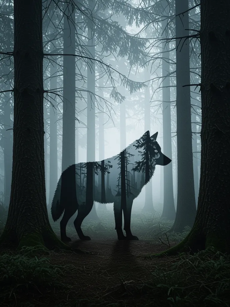 “A forest scene where tree trunks and branches secretly shape a wolf’s silhouette, subtle optical illusion”
