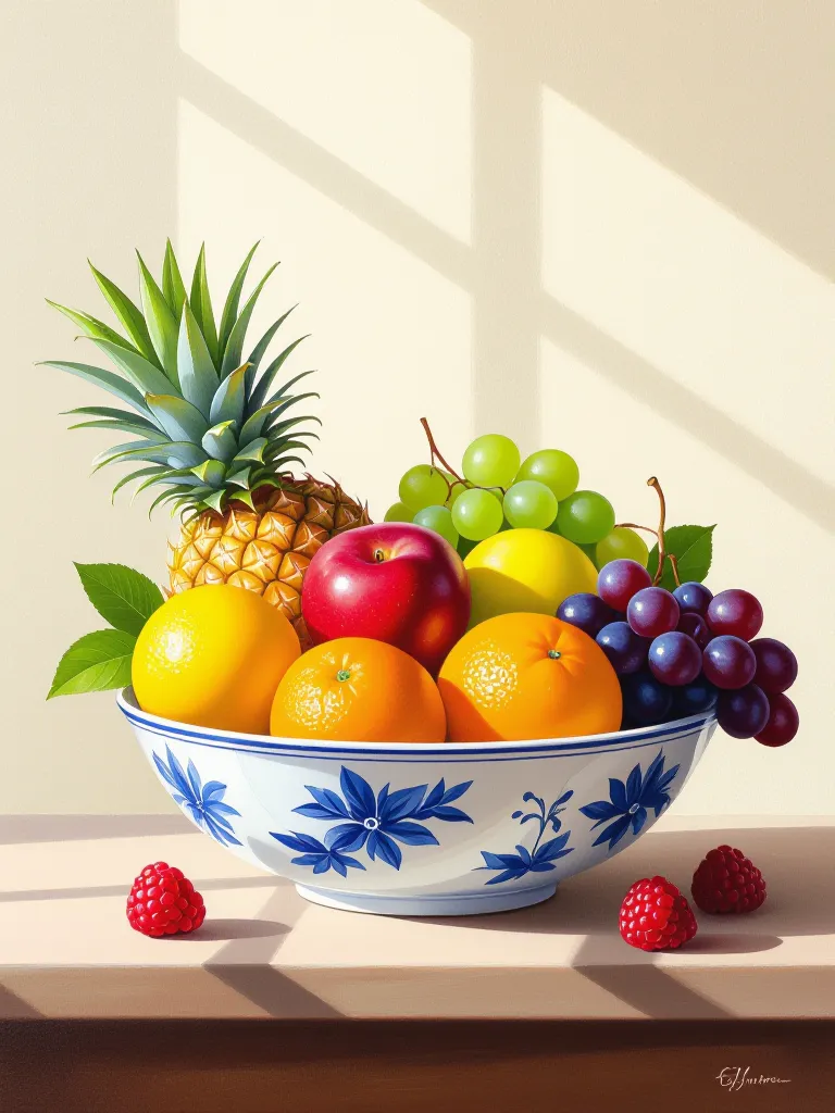 “realistic fruit bowl painting, soft natural lighting, vibrant colors, high detail still life”