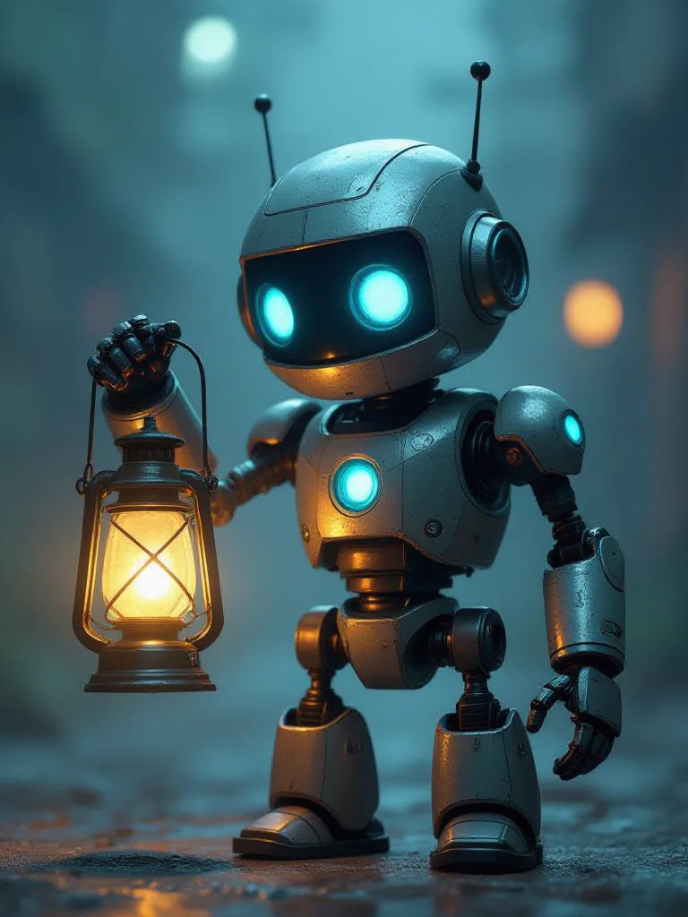 “robot character holding a lantern, metallic textures, glowing blue accents, sci fi concept art”