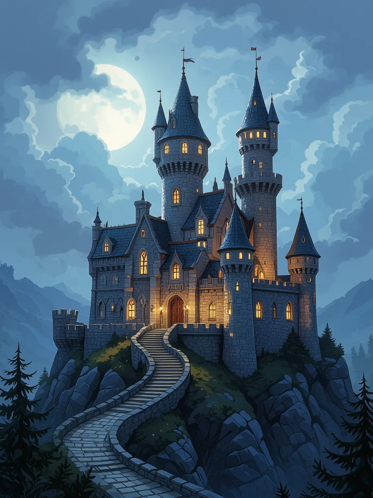 “fantasy castle on a hill, dramatic lighting, detailed stone textures, illustrated style”
