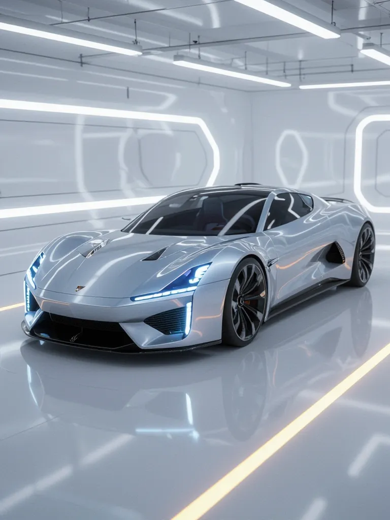 “sleek futuristic sports car design, glossy reflections, dynamic angle, concept render”