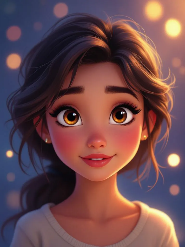 “Disney Pixar style character poster of a young woman with glowing warm lighting, big expressive eyes, magical background, cinematic framing”