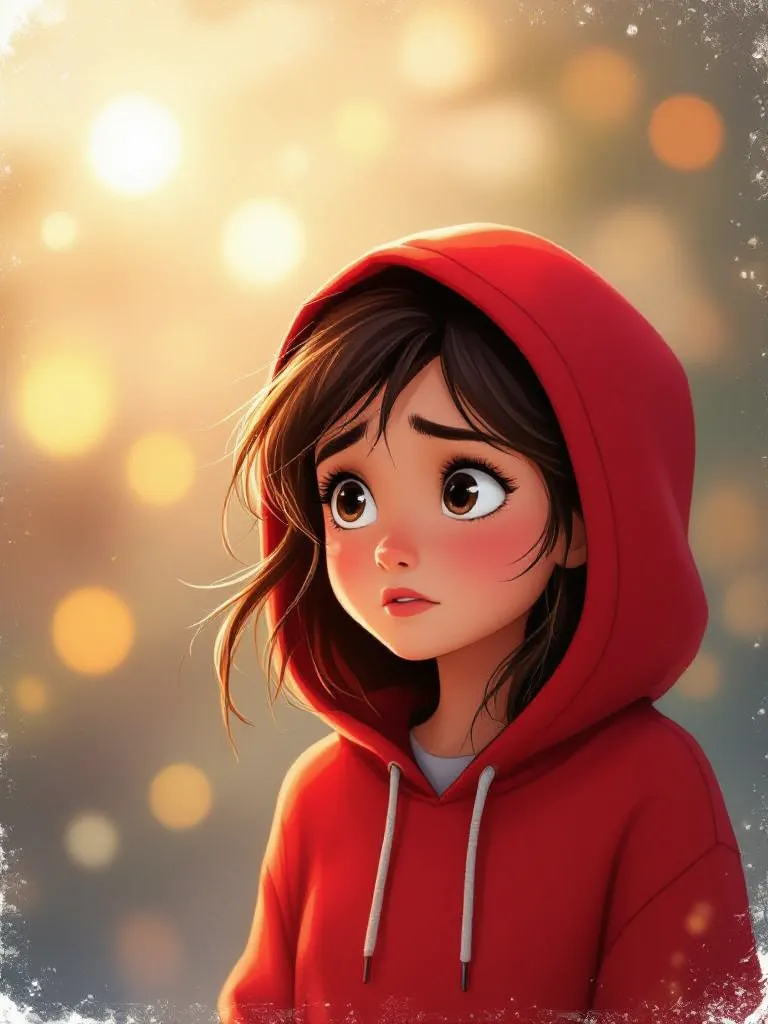“Disney movie style poster of a girl in a red hoodie, dreamy glowing background, emotional Pixar expression, animated texture”
