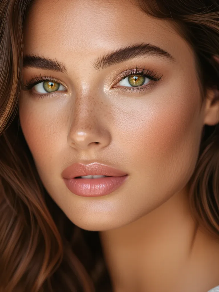 “warm hazel eyes with golden flecks, natural blend, soft portrait lighting”