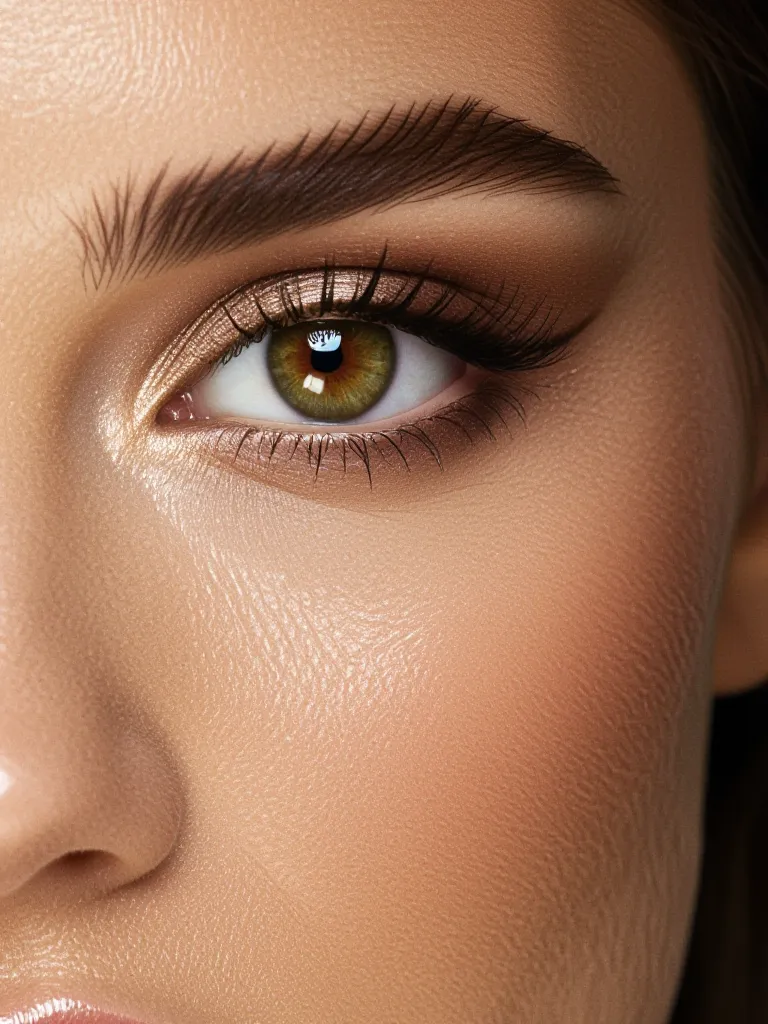 “rich brown eyes with glossy highlights, sharp contrast, cinematic tone”