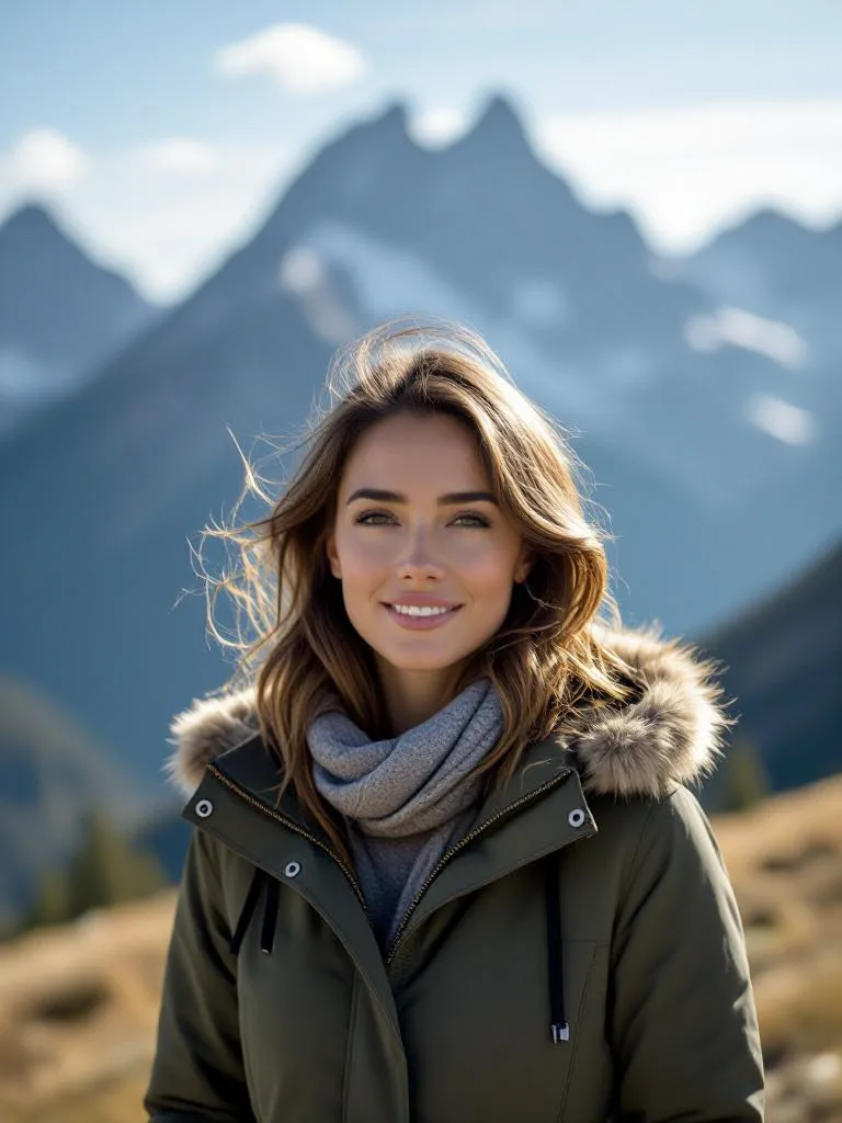 reference person, outdoor mountains background, natural daylight, crisp air texture, balanced exposure, skin tone preserved, wind blown hair detail, soft cinematic grading, wide angle composition