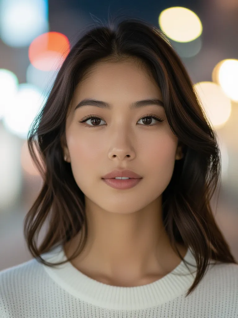 reference upload, high resolution portrait, cinematic rim lighting, soft shadows, skin texture preserved, shallow depth, muted color palette, background blurred city lights, crisp facial detail, natural light falloff, 85mm lens look