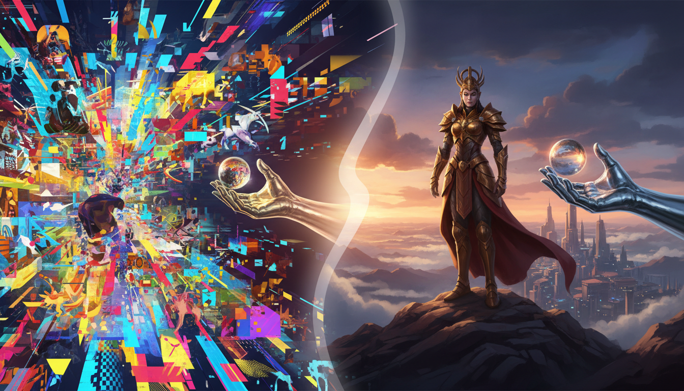 Editorial comparison image showing a fast playful AI workflow contrasted with a premium polished one.