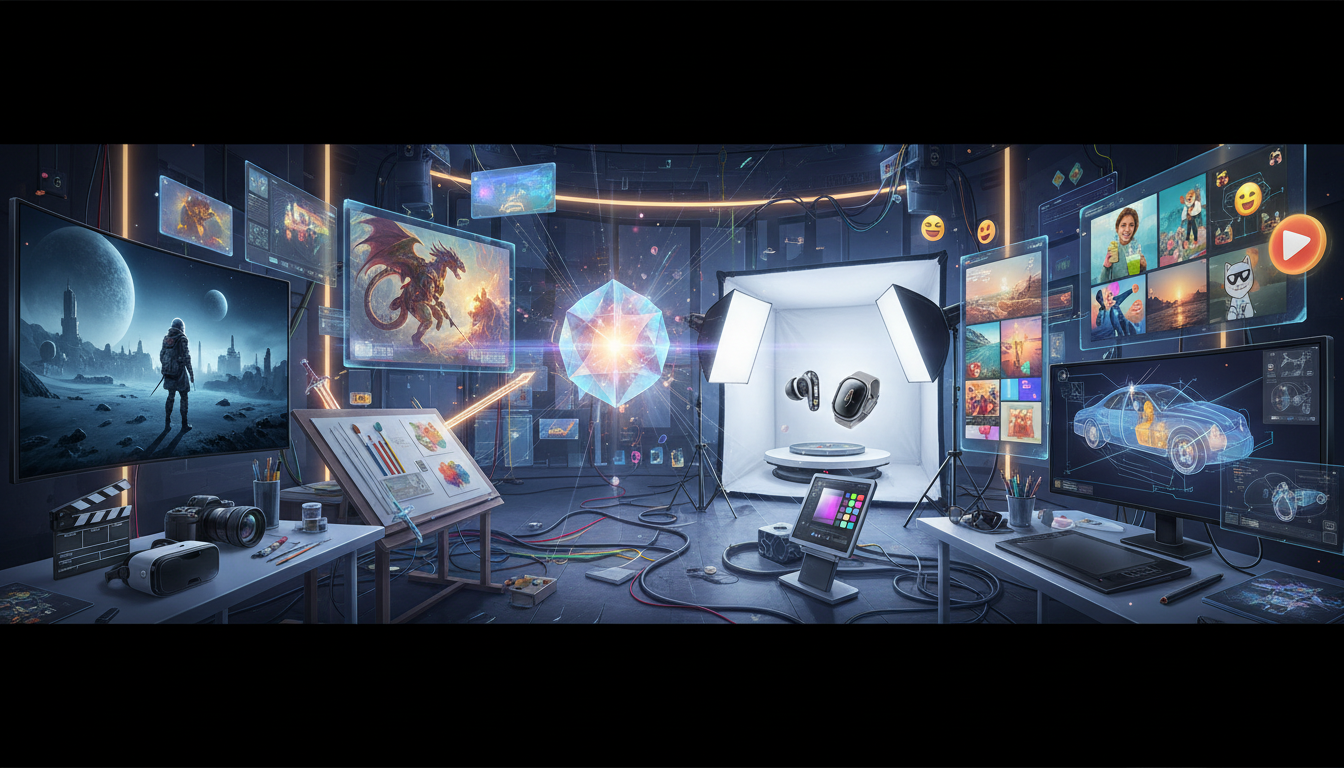 Editorial illustration representing different AI image generation tools and creative workflows.